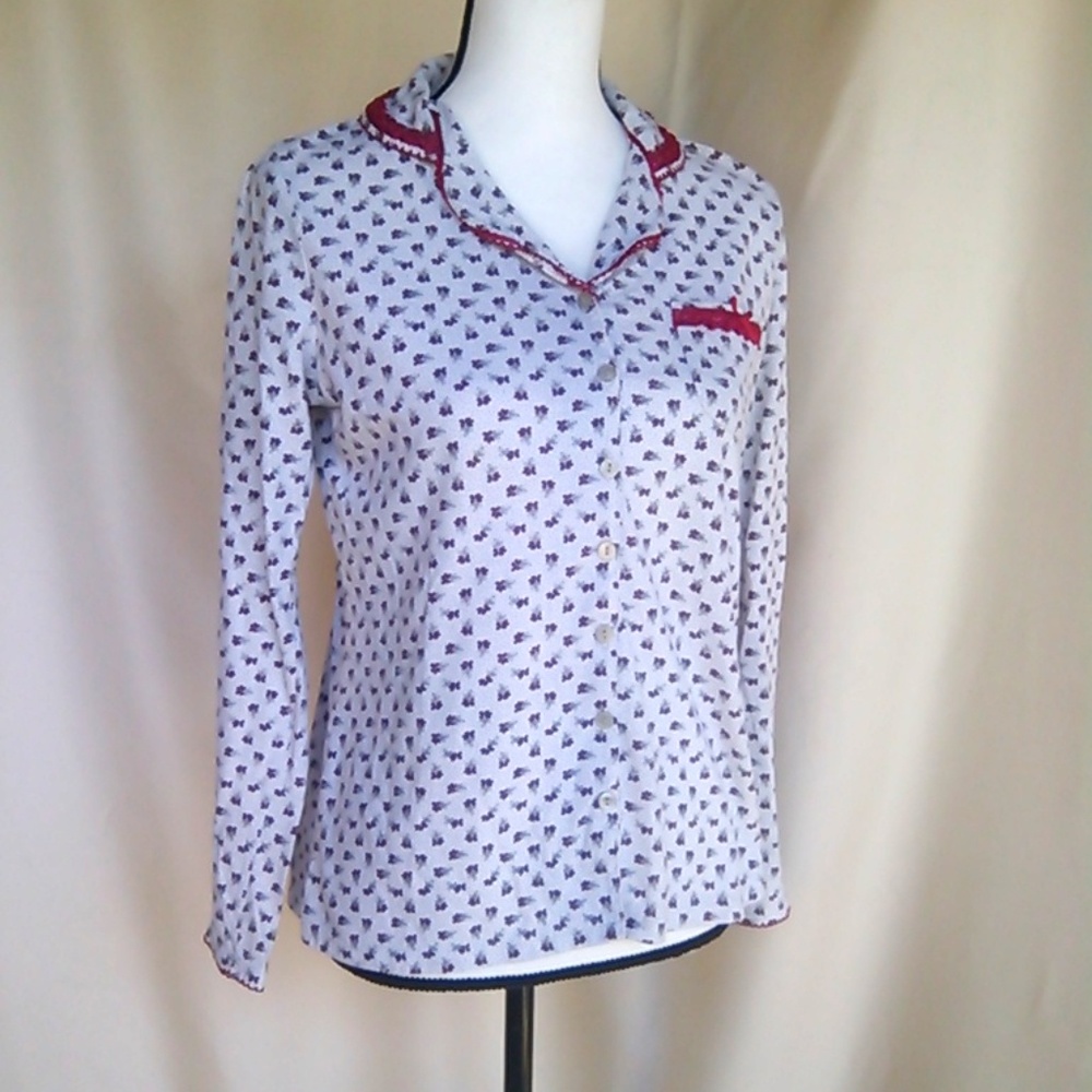 Retro Flower Print With Red Lace Trim Pajama Top
